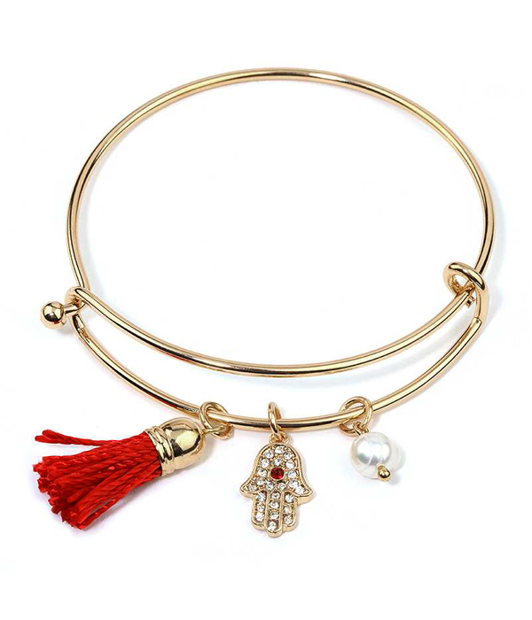 Crystal hamsa and thread tassel wire bangle bracelet