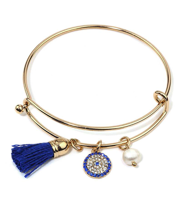 Crystal evil eye and thread tassel wire bangle bracelet