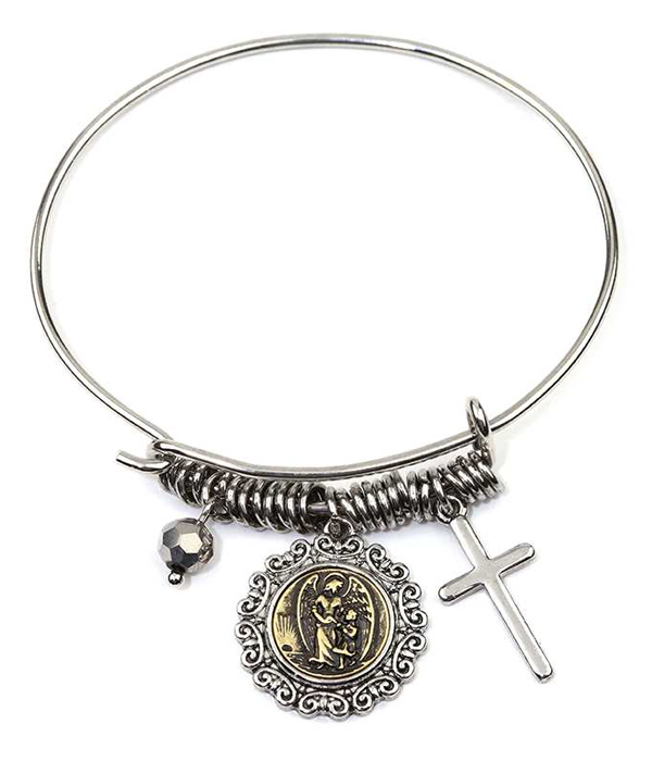 Cross and angel charm wire bangle bracelet