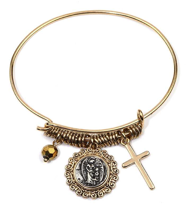 Cross and angel charm wire bangle bracelet