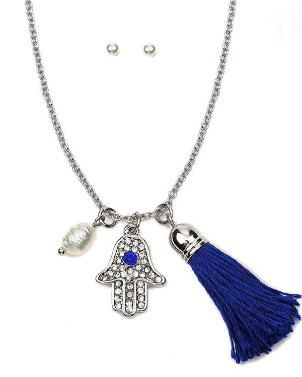 Crystal hamsa and thread tassel necklace set