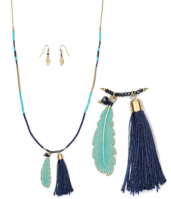 Feather and thread tassel long necklace set