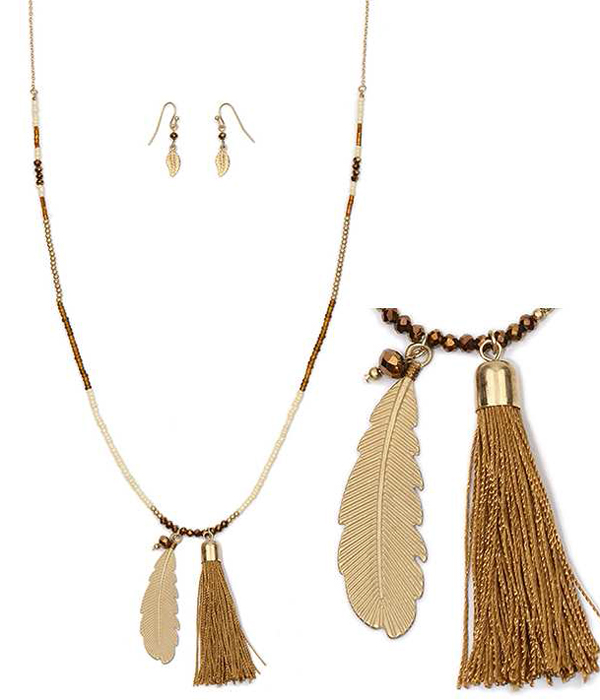 FEATHER AND THREAD TASSEL LONG NECKLACE SET