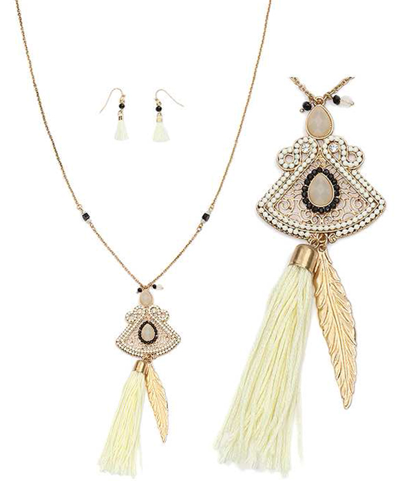 METAL FILIGREE AND THREAD TASSEL LONG NECKLACE SET