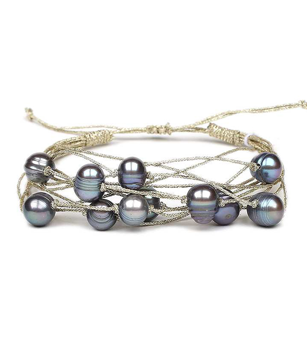 Genuine fresh water pearl metallic cord pull tie bracelet