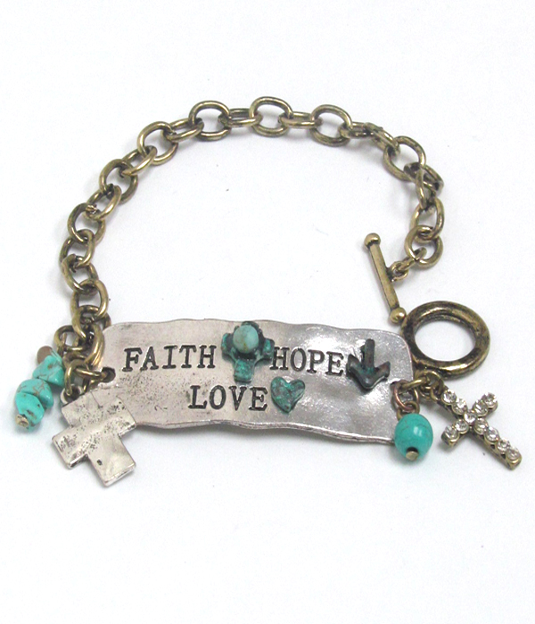 Handmade metal bar and cross dangle toggle bracelet - faith hope love
