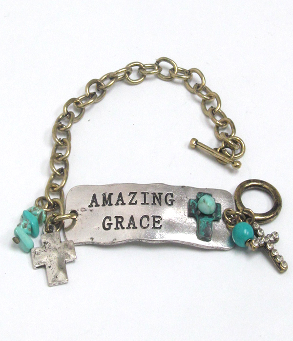 Handmade metal bar and cross dangle toggle bracelet - amazing grace