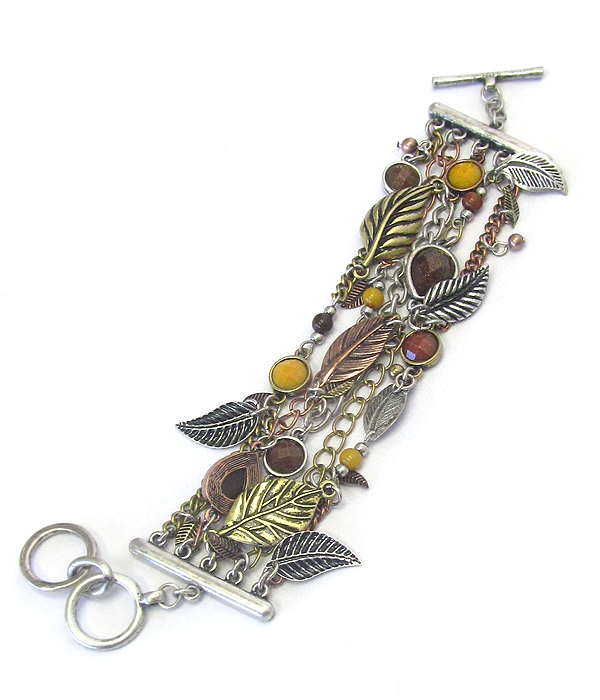 Multi layer chain and leaf charm toggle bracelet