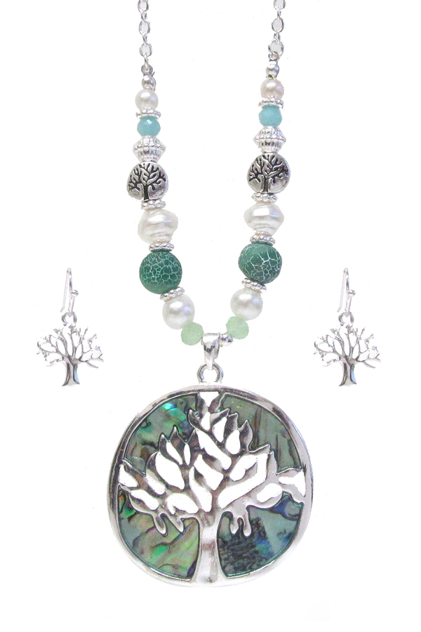 Abalone tree of life pendant necklace set