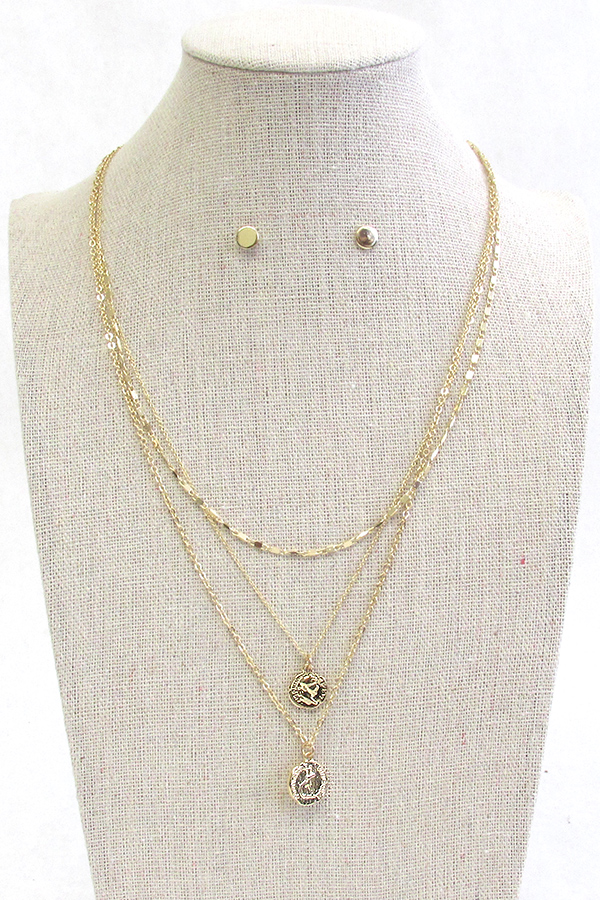 COIN PENDANT TRIPLE LAYER FINE CHAIN NECKLACE SET