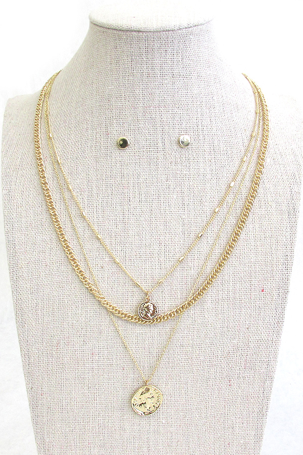 COIN PENDANT TRIPLE LAYER FINE CHAIN NECKLACE SET