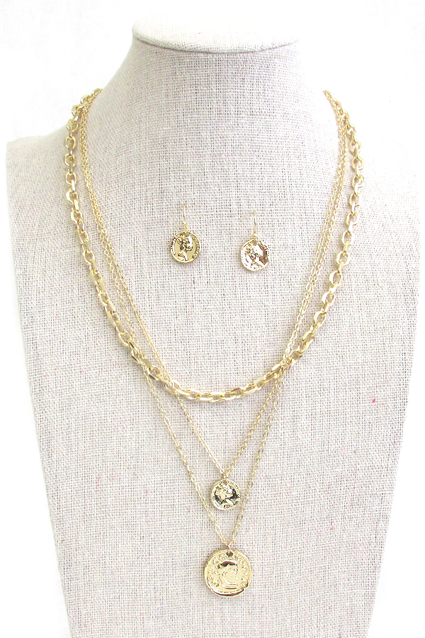 COIN PENDANT TRIPLE LAYER FINE CHAIN NECKLACE SET