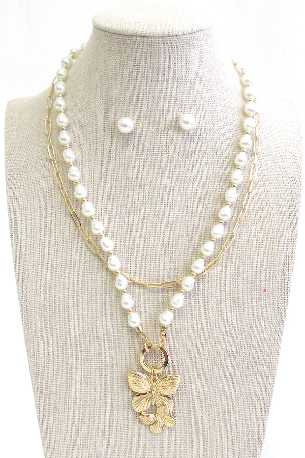 GARDEN THEME PENDANT DOUBLE LAYER PEARL NECKLACE SET - BUTTERFLY