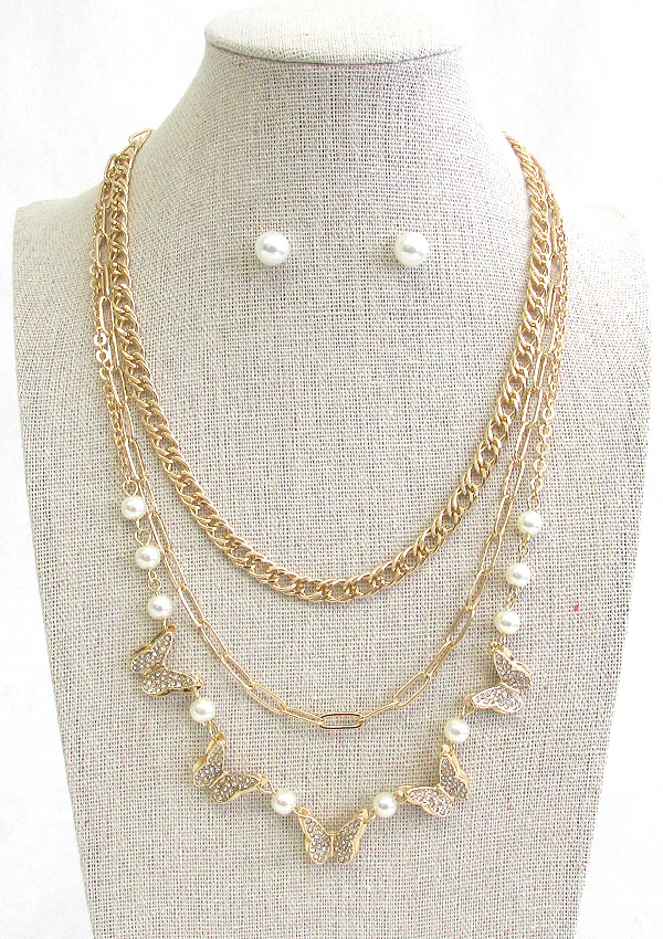 MULTI BUTTERFLY AND PEARL MIX TRIPLE LAYER NECKLACE SET