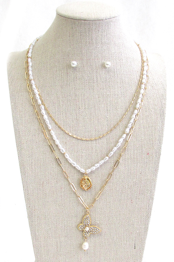 GARDEN THEME TRIPLE LAYER PEARL NECKLACE SET - BUTTERFLY