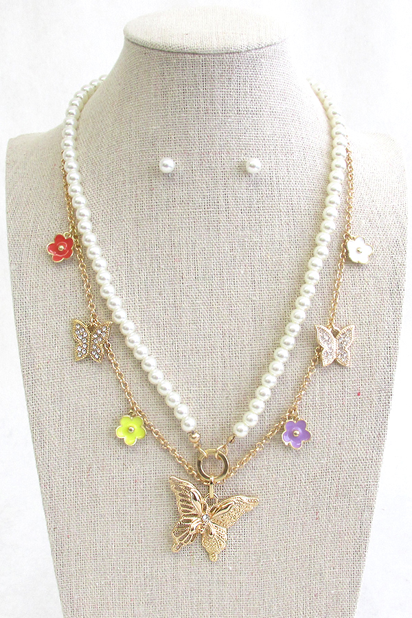 GARDEN THEME DOUBLE LAYER PEARL NECKLACE SET - BUTTERFLY