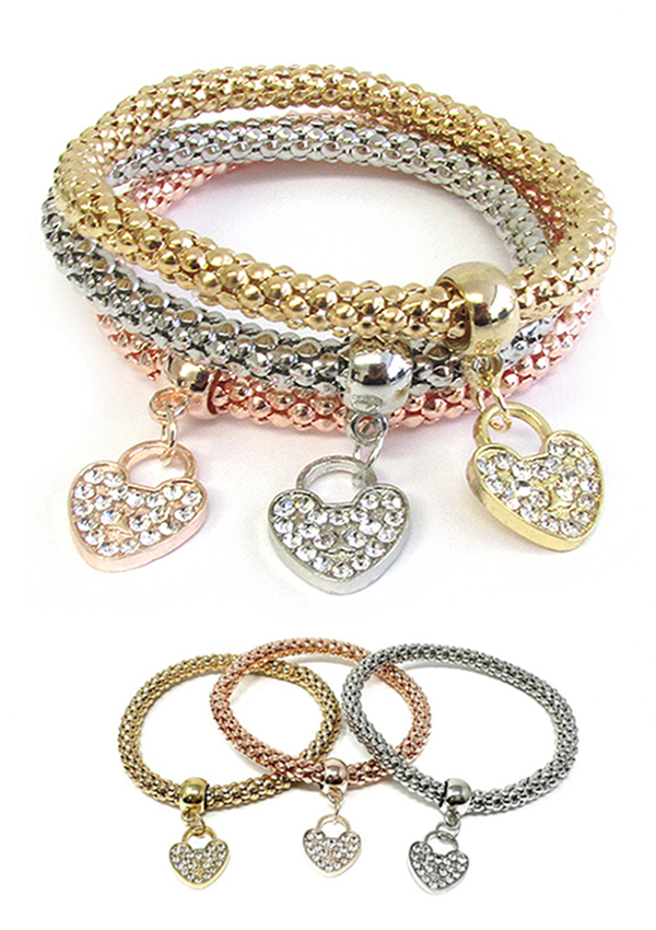 Heart charm metal mesh 3 bracelet set