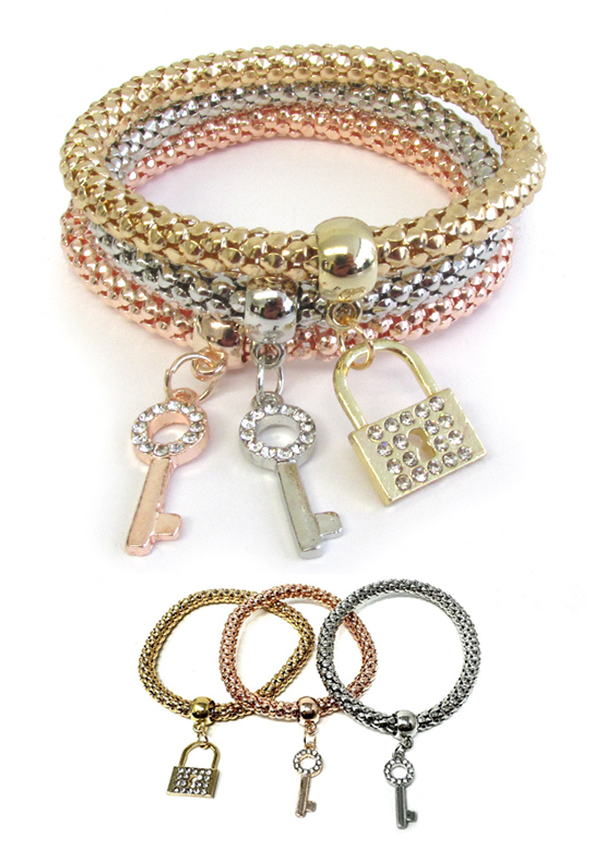 KEY AND LOCK CHARM METAL MESH 3 BRACELET SET