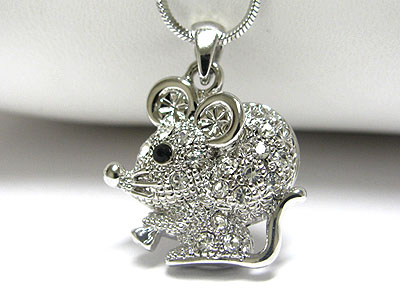 WHITEGOLD PLATING CRYSTAL MOUSE PENDANT NECKLACE