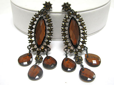 Crystal stud oval metal and triple facet glass drop earring