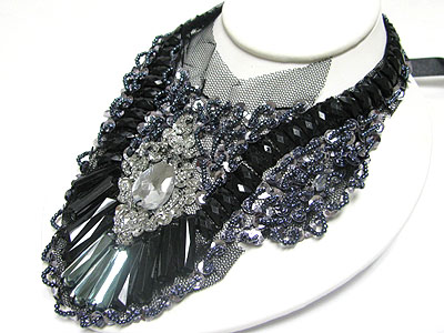 Glass deco chiffon ribbon backing bib style necklace 