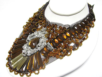Glass deco chiffon ribbon backing bib style necklace 