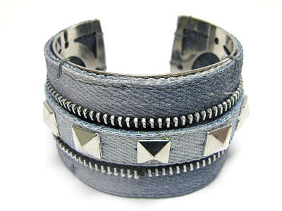 Metal stud zipper accent fabric bangle