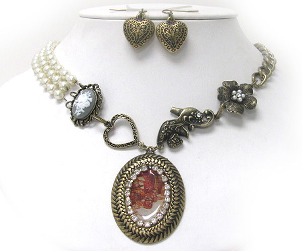 Retro vintage pearl and antique charm dangle necklace earring set