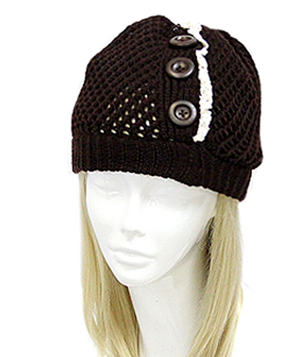 Vintage lace and button accent crochet beanie