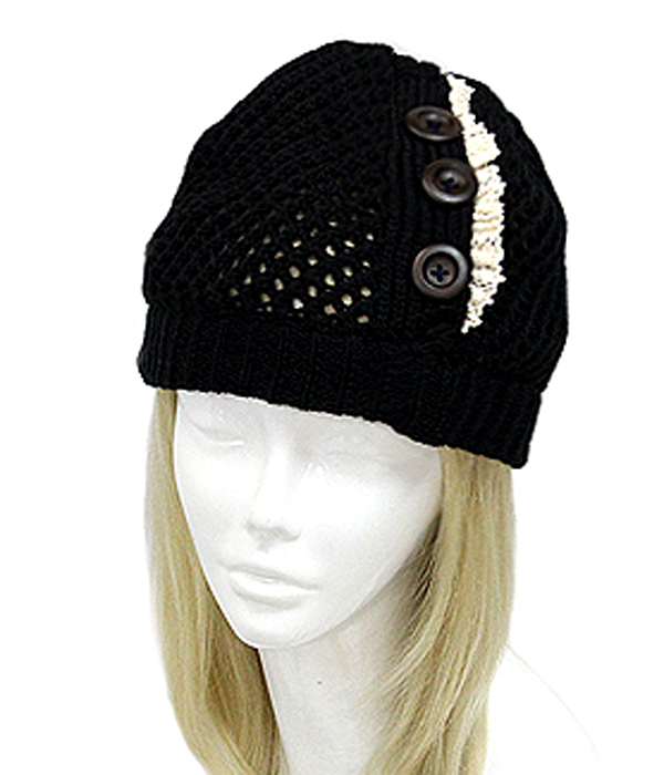 Vintage lace and button accent crochet beanie