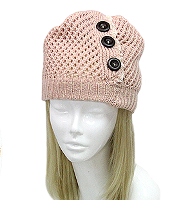 Vintage lace and button accent crochet beanie