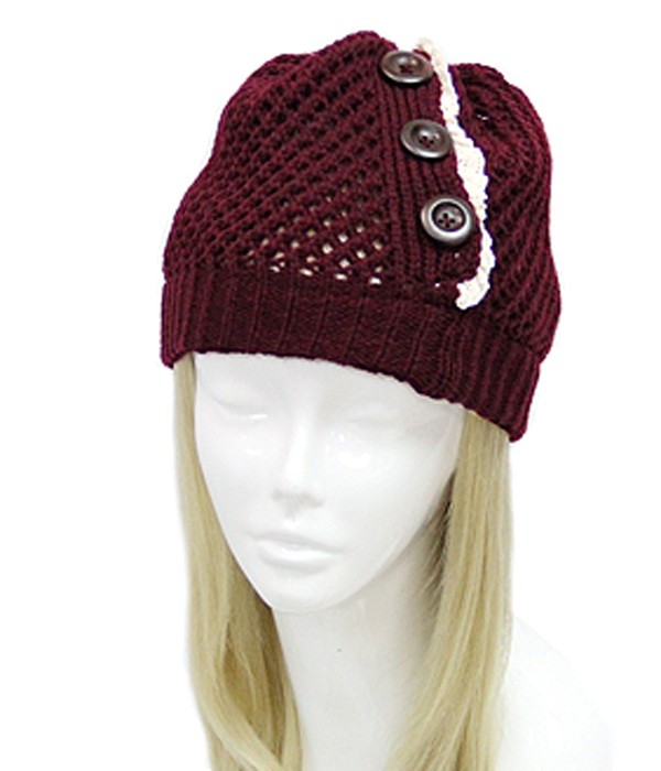 Vintage lace and button accent crochet beanie