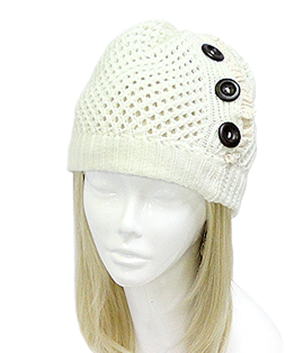 Vintage lace and button accent crochet beanie