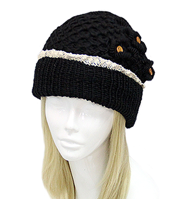 Vintage lace and button accent crochet beanie