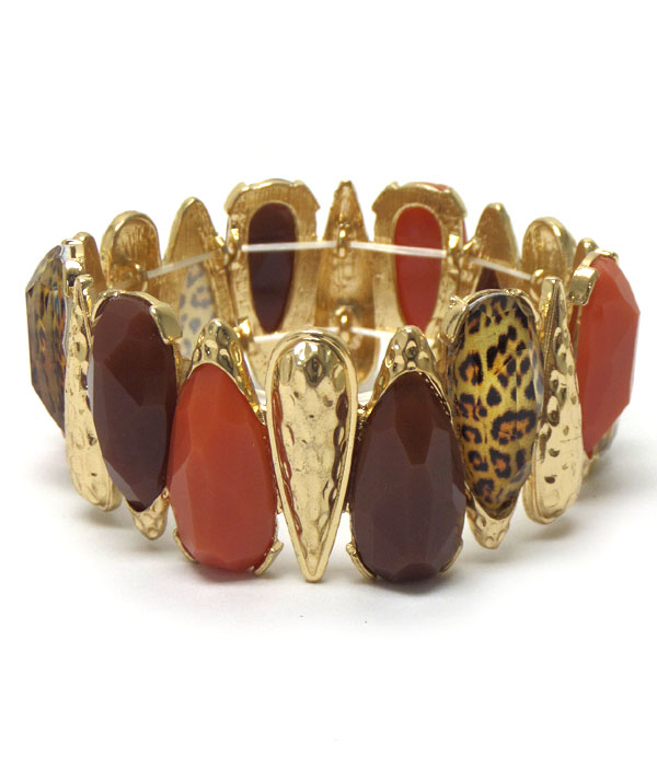 Hammered and animal print metal bar link stretch bracelet