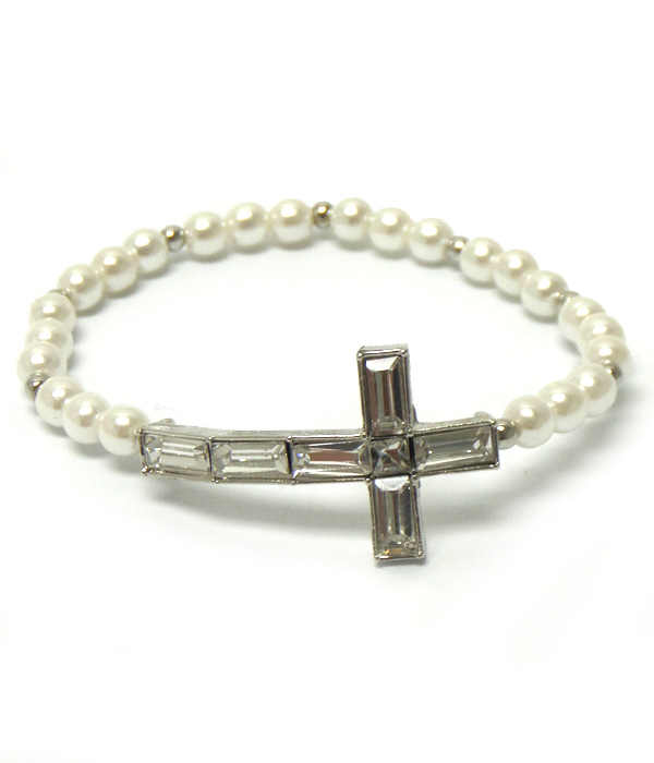 Baguette stone cross and pearl stretch bracelet