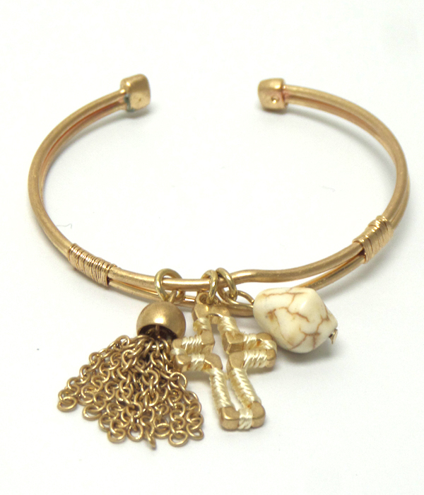 Stone and tassel charm cuff bracelet 