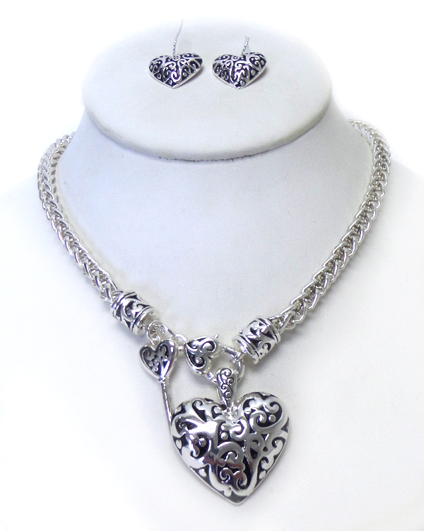 Textured metal heart puffy charm necklace set -valentine