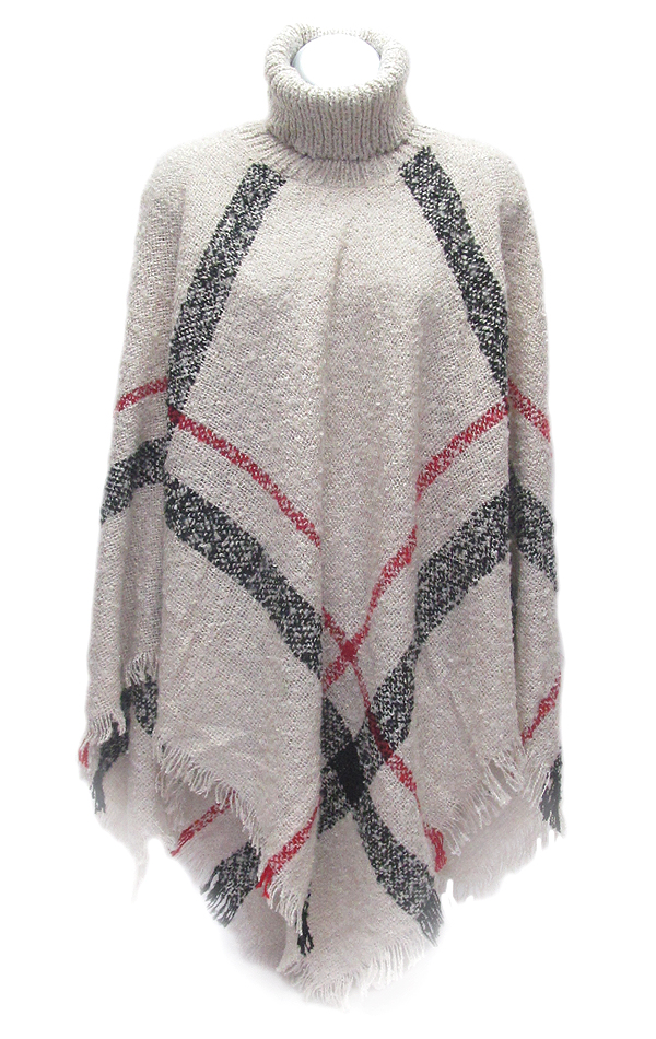 Turtleneck plaid pattern winter poncho