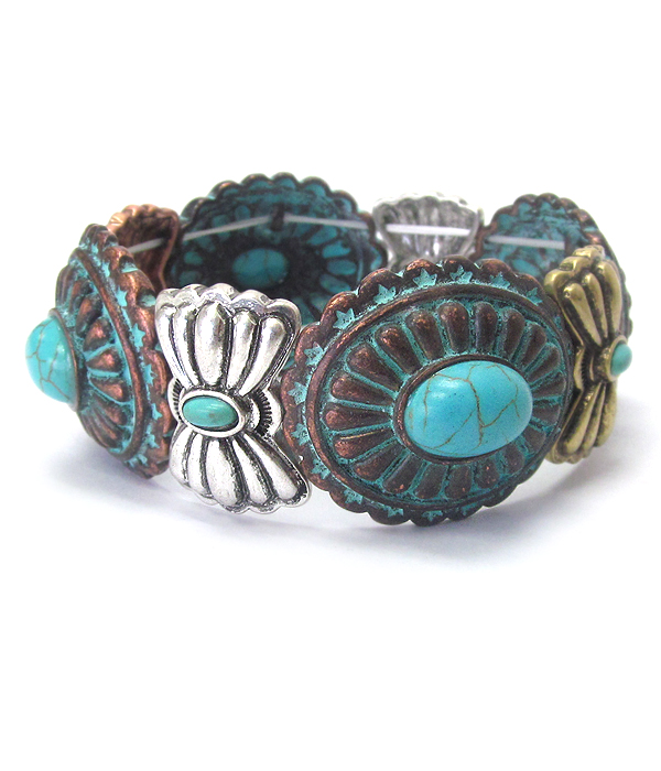 Turquoise and rustic navajo stretch bracelet -western