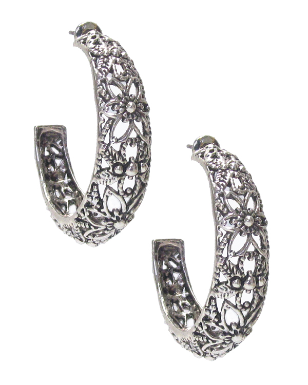Vintage tibetan silver metal filigree hoop earring