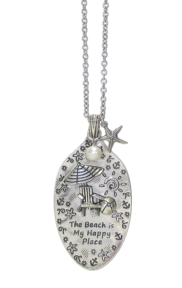 SEALIFE INSPIRATION MESSAGE ON SPOON HEAD PENDANT AND LONG CHAIN NECKLACE - THE BEACH IS MY HAPPY PLACE
