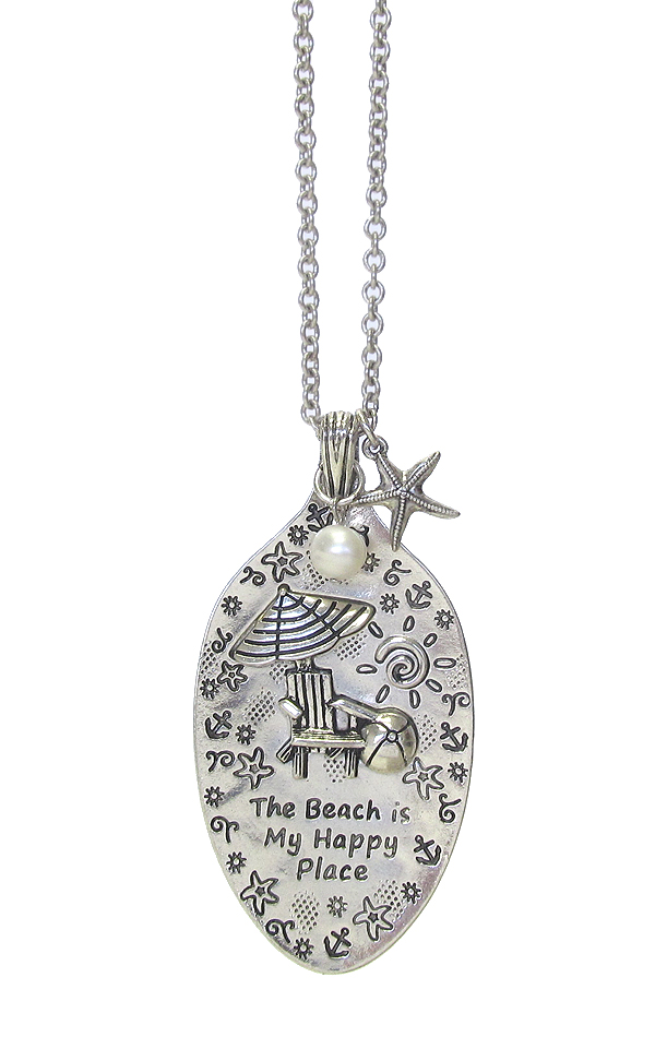 Sealife inspiration message on spoon head pendant and long chain necklace - the beach is my happy place