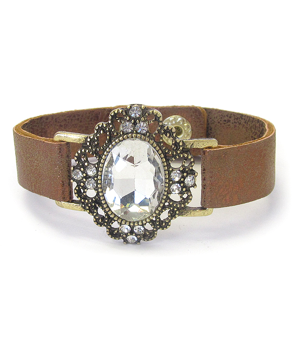 FACET GLASS AND CRYSTAL LEATHER BAND BRACELET