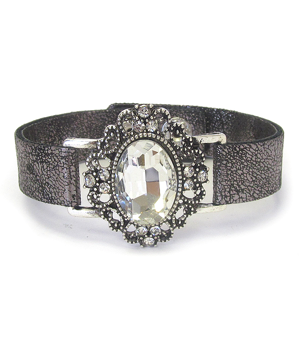 FACET GLASS AND CRYSTAL LEATHER BAND BRACELET