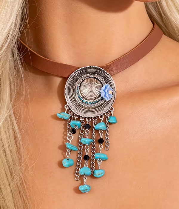 Retro turquoise drop leatherette choker necklace
