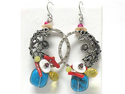 Natural stone and multi bead charm casting metal ring earring