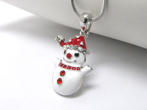 Made in korea whitegold plating crystal and epoxy christmas theme snowman pendant necklace