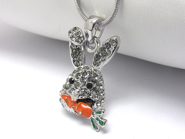 Made in korea whitegold plating crystal and epoxy bunny pendant necklace