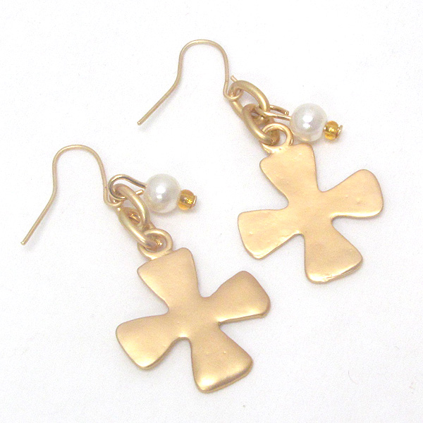 Metal cross and pearl dangle drop earring